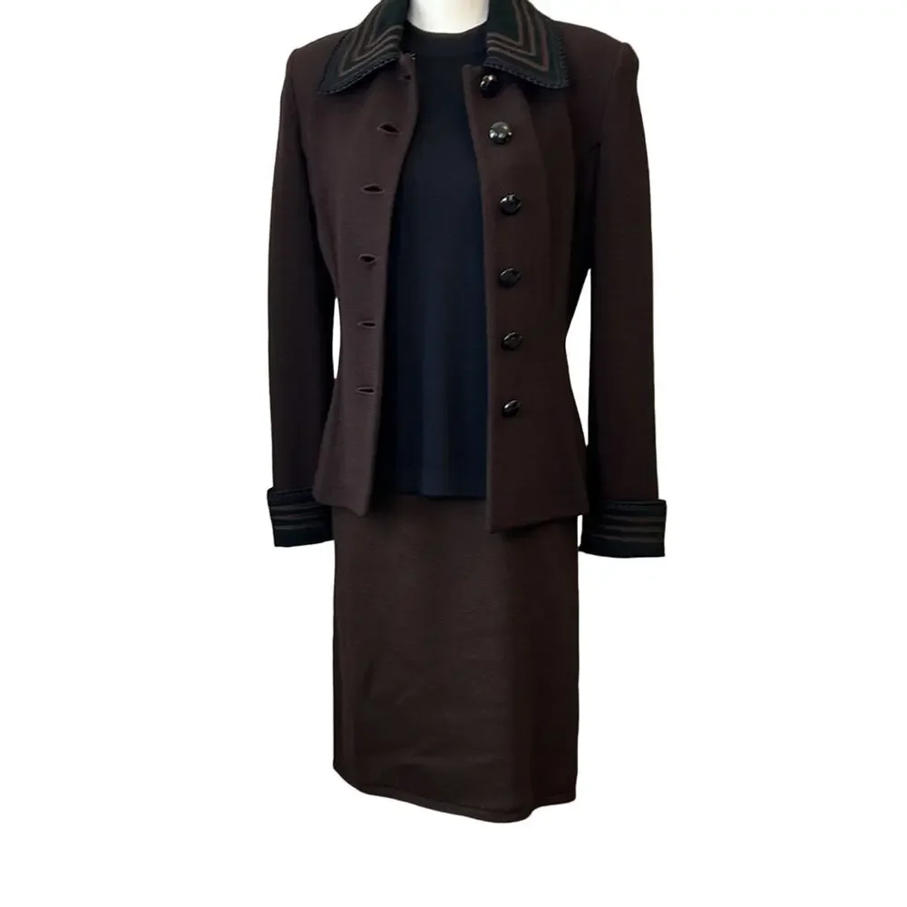 Vintage St John Santana knit 4 piece brown suede jacket skirt outfit size small